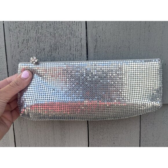 Vintage1970/80s Neiman Marcus mirrored silver chainmail clutch rhinestones glam - Picture 1 of 14